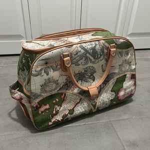 World map leather travel bag w/ wheels